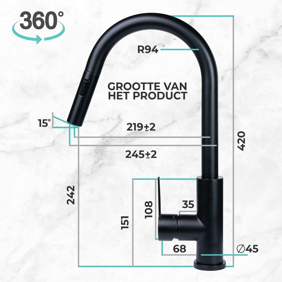 Mizzo Trigo Küchenarmatur mit herausziehbarer Handbrause - Hohe Mischbatterie 44 cm - Matt - Schwarz