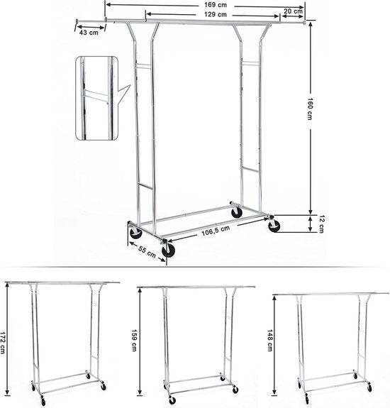 O'DADDYÂ® Kleiderständer - Garderobenständer - Doppelstab - ausziehbar und verstellbar - stabiles Design - 110 kg Tragkraft - Metall - Silber