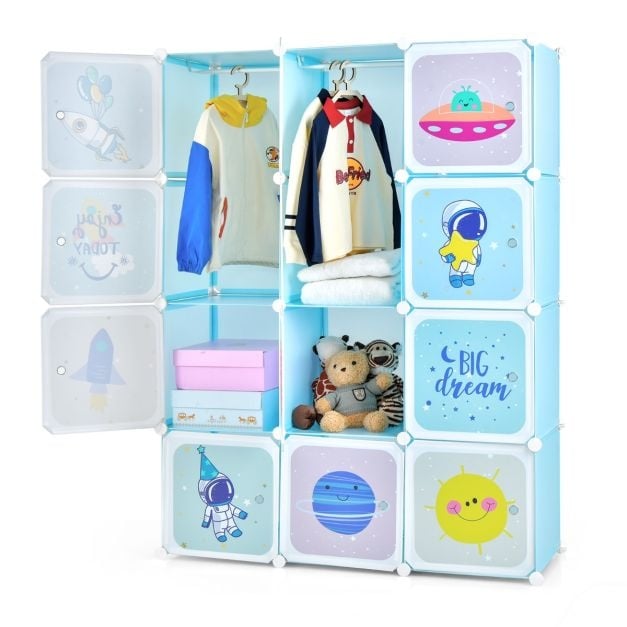 Kleiderschrank für Kinder Baby Kleiderschrank mit 2 hängenden Sektionen & 12 Würfel Cute Cartoon Kommode für Kinderzimmer Spielzimmer