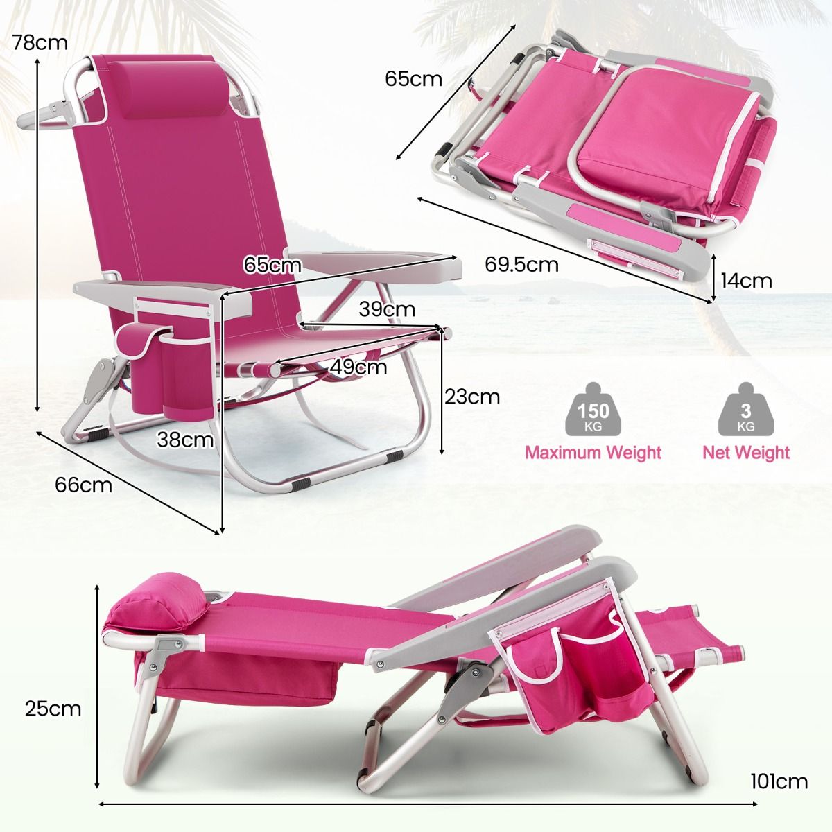 Coast Beach Chair Verstellbare Rückenlehne 5-Positionen faltbare Liege mit Becherhalter und Staufächern Rosa 66x65x78 cm - 2 Stück