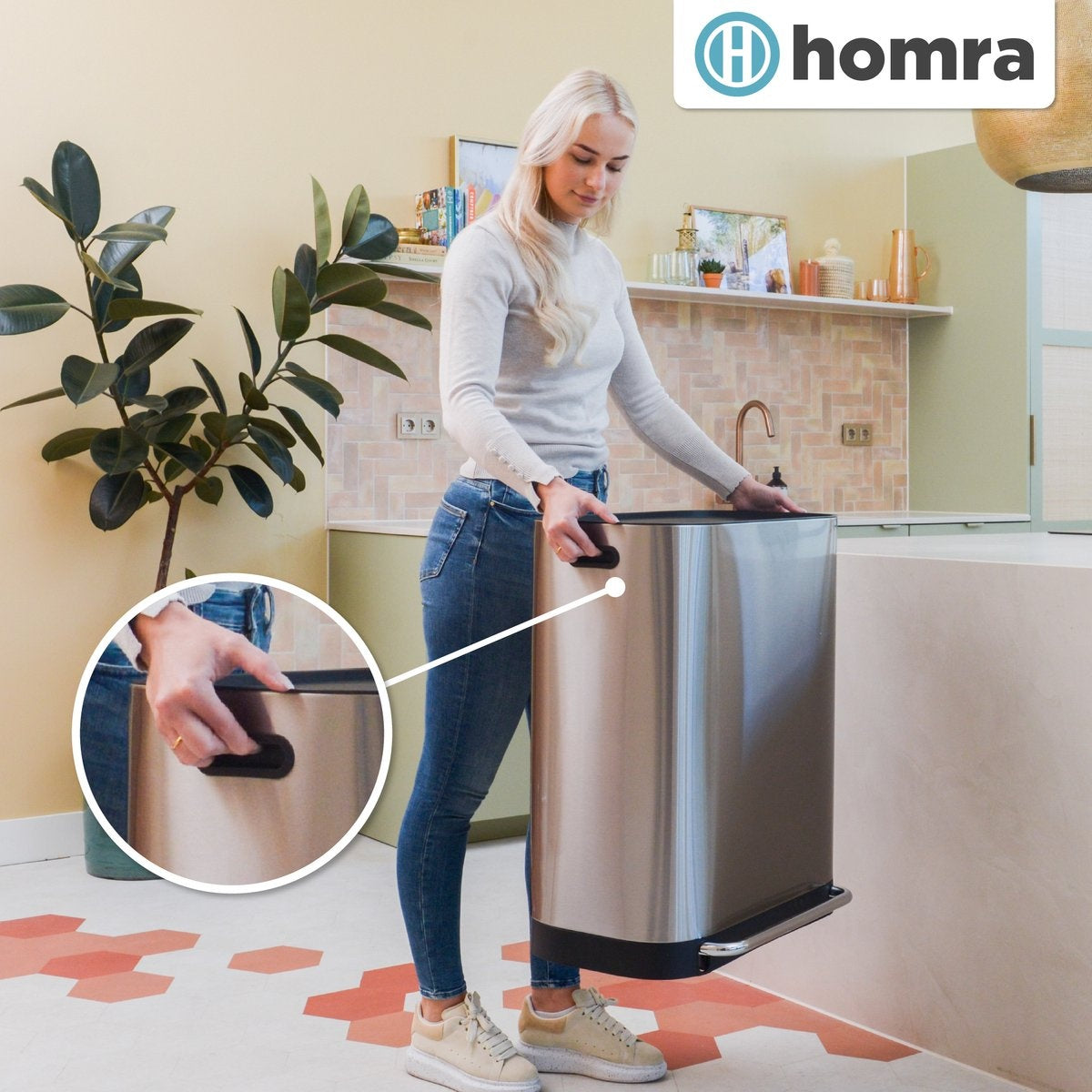 Doppelmülleimer 2x30L Homra Rockx - Duo-Treteimer 60L mit Geruchsfilter - Edelstahl Mülltrennung Mülleimer 2 Fächer - Recycling Mülleimer - Mülleimer Küchenabfalltrennung - Abfalleimer - Edelstahl matt