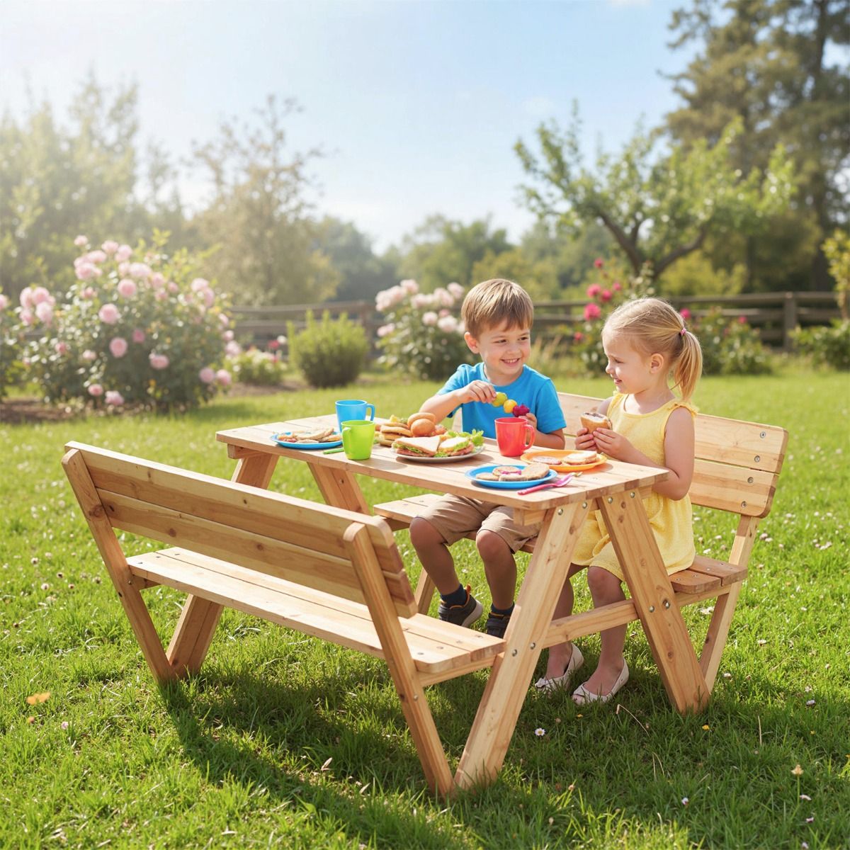 Coast Kinderpicknicktisch – Kleinkindertisch und Sitzbank-Set aus Holz – mit Rückenlehne – naturfarben