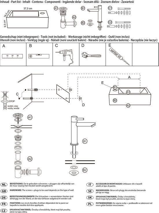 Differnz Helios Waschtisch-Set – 37,5 × 18,5 × 9,5 cm – Rechteckig – 1 Hahnloch rechts – Gerader, mattschwarzer Wasserhahn – Weiß