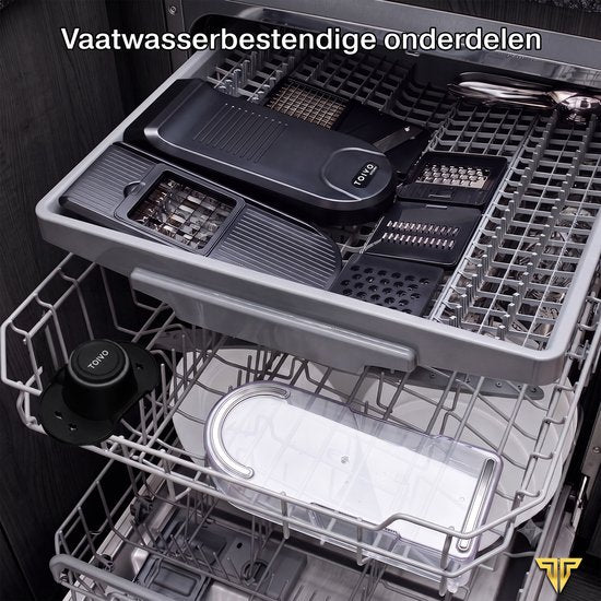 Toivo Kitchen Gemüseschneider – BPA-frei – Multifunktional – 7-in-1-Küchenmandoline – Manuell – Küchenzubehör – Küchenschneider – Zwiebelschneider – Spiralschneider – Pommes-Frites-Schneider – Schwarz