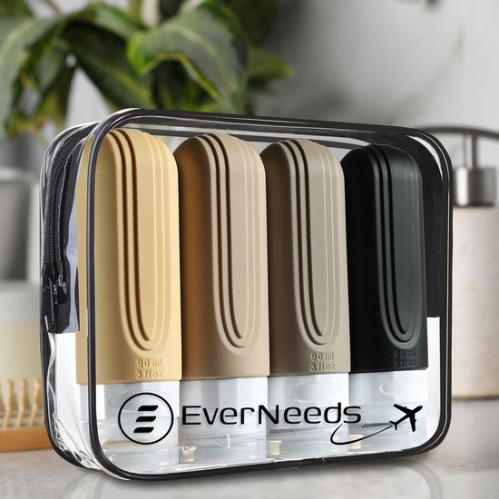 EverNeeds Reiseflaschen mit Etui - Nachfüllbar - Silikon-Reiseflaschen Handgepäck - Aprikose - 4 Stück