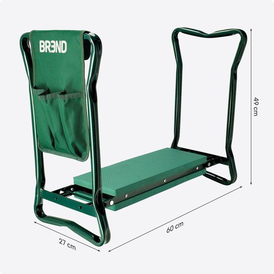 Zusammenklappbarer Gartenhocker mit Knieauflage – EVA-Schaumstoff – Bis zu 150 kg – Stahlrahmen mit Werkzeugtaschen – Zum Sitzen und Knien – BREND BR-2252