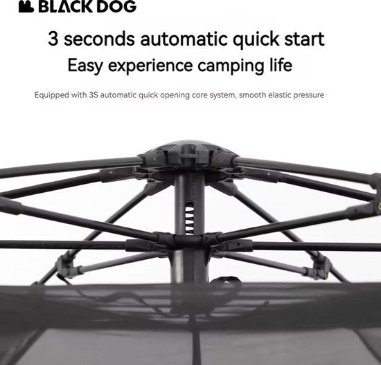Black Dog Dome-Zelt – Hochwertiges Campingzelt für 6–8 Personen – Sechseckig, automatisch aufstellbar – Tragbares Familienzelt – Zusammenklappbares Vinyl – Schutz vor Sonne und Regen – Schwarz