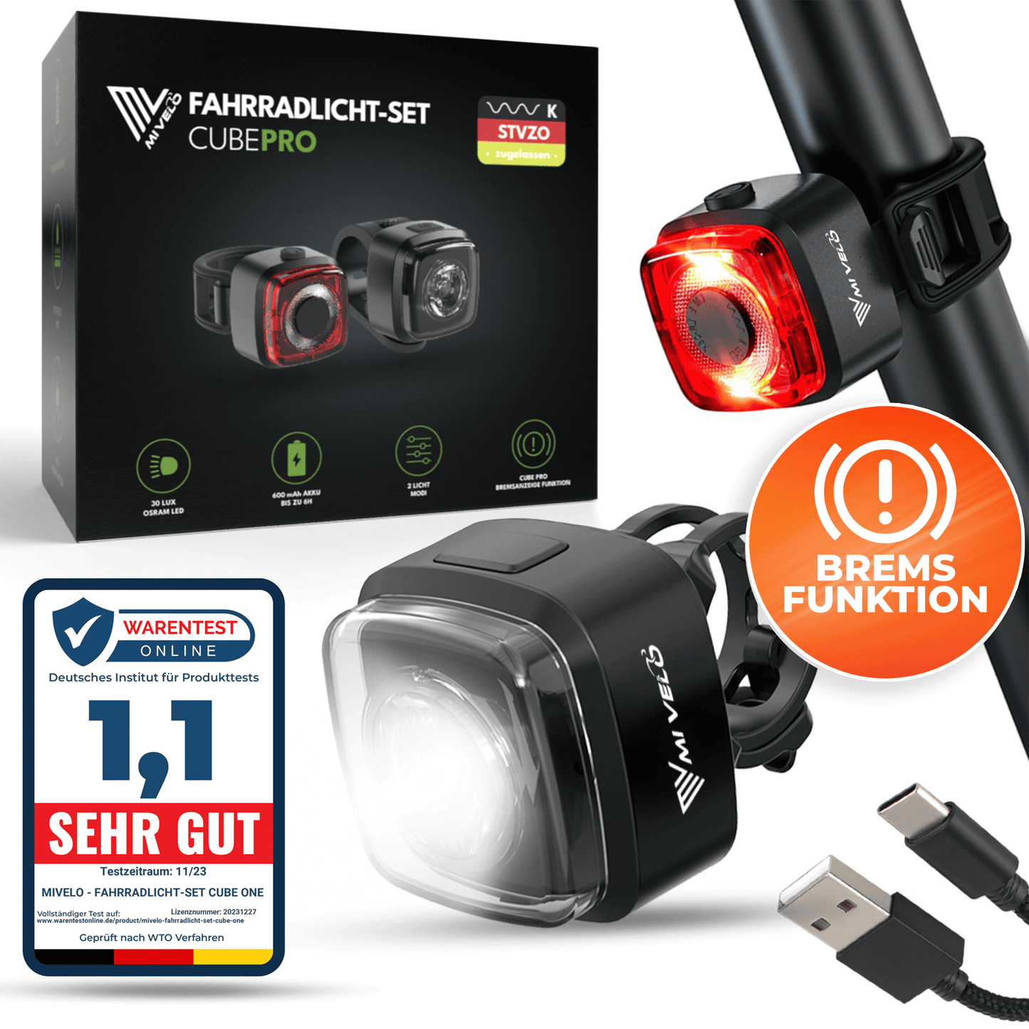 Mivelo - LED Fahrradlicht-Set - USB aufladbar - mit Bremslicht - Schwarz