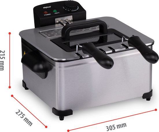 alpina Fritteuse Double 5 Liter - Fritteuse mit einstellbarem Thermostat - Fritteuse mit 3 herausnehmbaren Körben - Fritteuse 2000W - 27,5 x 21,5 x 30,5 cm - Edelstahl