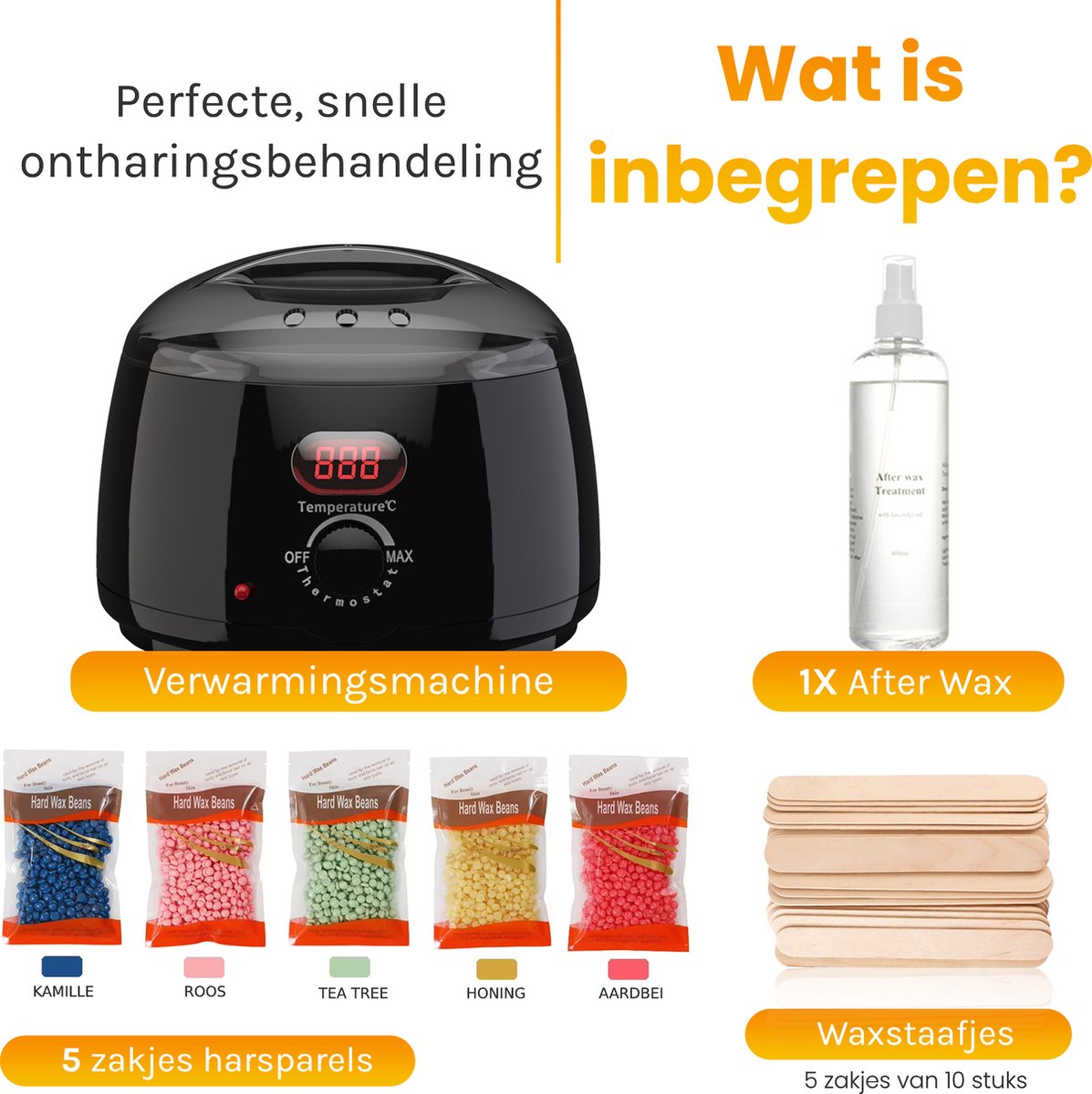Bolusso Wachsgerät - Haarentfernungsset - NEUES Modell - 5 Arten von Bohnen 500 Gramm - 50 Wachsstäbchen - Kostenloses Nachwachs - Wachserhitzer - Haarentfernungsgerät - Wachsbohnenheizung - Haarentfernungsset - Wachsset