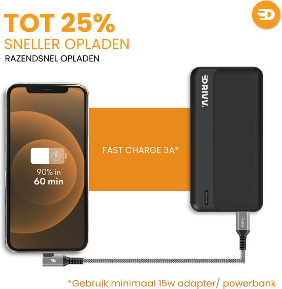 Drivv. USB-auf-USB-C-Kabel - Gewinkelt - Modell 2024 - USB-C-Daten- und Ladekabel - Schnelles Laden / Schnelles Aufladen - 1,5 Meter kurz - Geeignet für Samsung, iPhone 15 und mehr - Grau
