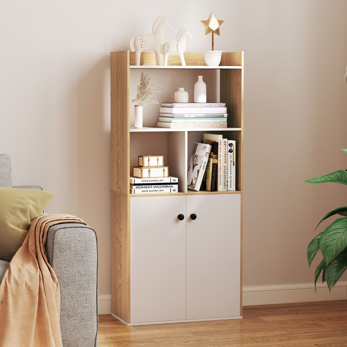 Coast Bücherregal mit Doppeltürschrank - Weiß & Natur - 3 Etagen hoher Regalboden - Freistehende Aufbewahrungsmöbel - 60 x 30 x 133 cm