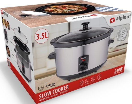 Alpina Slowcooker - 3,5 Liter - Keramik-Innenbehälter - 3 Heizstufen - Edelstahl