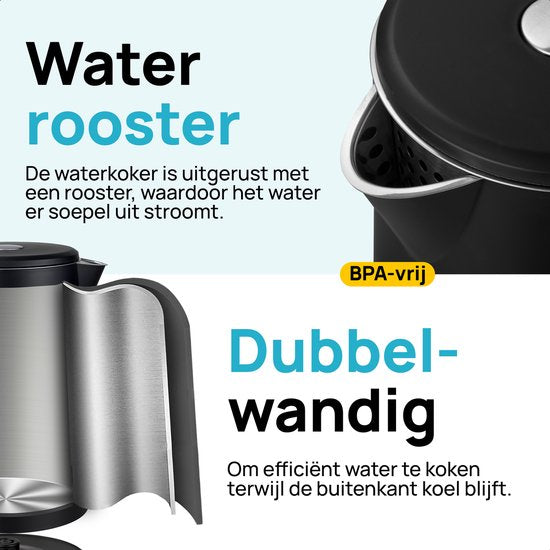 MOA Wasserkocher - Mit Temperaturkontrolle - 1,7 Liter - Doppelwandig - Warmhaltefunktion - Elektrisch - 2200W - Schwarz