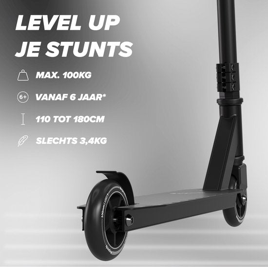LifeGoods Stuntstep Fly Pro - 6+ Jahre - Schritt für Kinder - Jungen/Mädchen - 100mm - 100KG - Schwarz