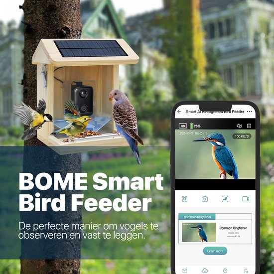 BOME - Vogelfutterautomat - Kamera und Audio - AI-Vogelerkennung - Holz - Doppeltes Solarmodul - Hängend