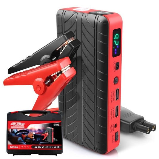 Strex - Starthilfe fürs Auto - 12V - 1000A / 18.000 mAh - 4-in-1 Starthilfe mit Powerbank - LED-Taschenlampe - SOS-Notleuchte - Rot