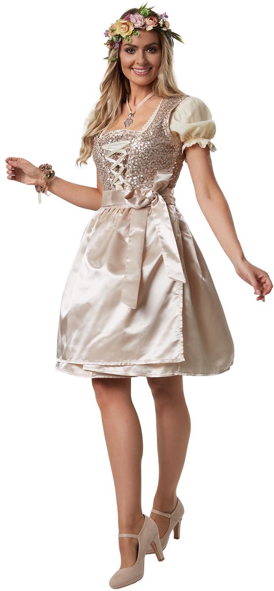 Dressforfun - Mini Dirndl Burgau Modell 1 - Eng anliegendes kurzes Dirndl in Beige mit Pailletten und glänzendem Satin - Größe XL