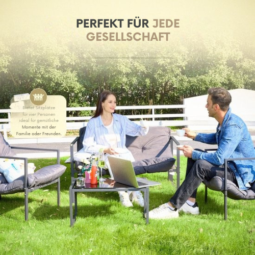 O'DADDY® Lounge Set für 4 Personen - Inklusive Kissen - Gartenmöbelset - Glastisch - Metall - dunkelgrau