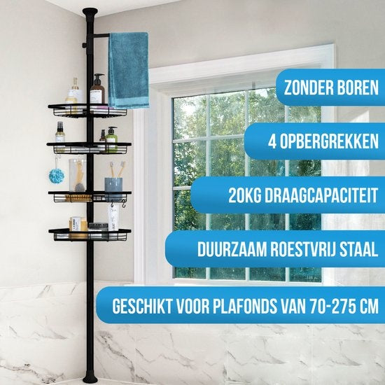 Strex - Eck-Duschablage - Verstellbar 70-275 cm - 4 Körbe - Ohne Bohren oder Schrauben - Schwarz