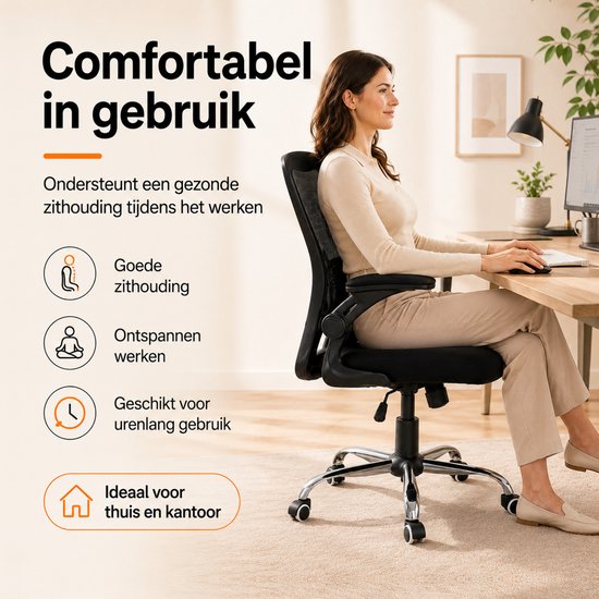 Infinity Goods Ergonomischer Bürostuhl – Office Chair – 4D-Lendenwirbelstütze & Netzbezug – Klappbare Armlehnen – Bis zu 150 kg – NEN-EN1335 – Schwarz