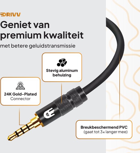 Drivv. AUX-Kabel 3,5 mm - Klinke auf Klinke - 4-poliges Audiokabel - vergoldet - Stecker auf Stecker - PVC - Schwarz - 5 Meter