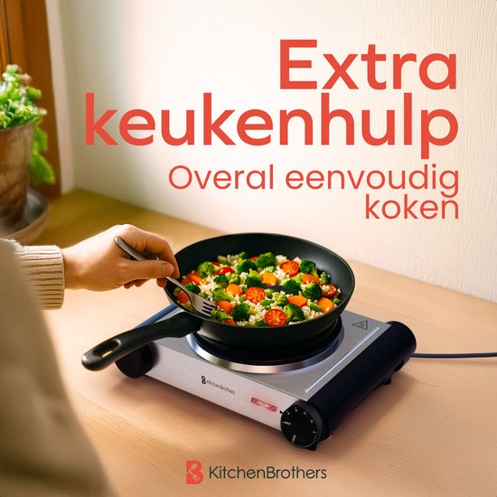 KitchenBrothers Elektrokochfeld - 1 Brenner - Freistehend - 7 Temperaturstufen - 1500W - Edelstahl/Schwarz