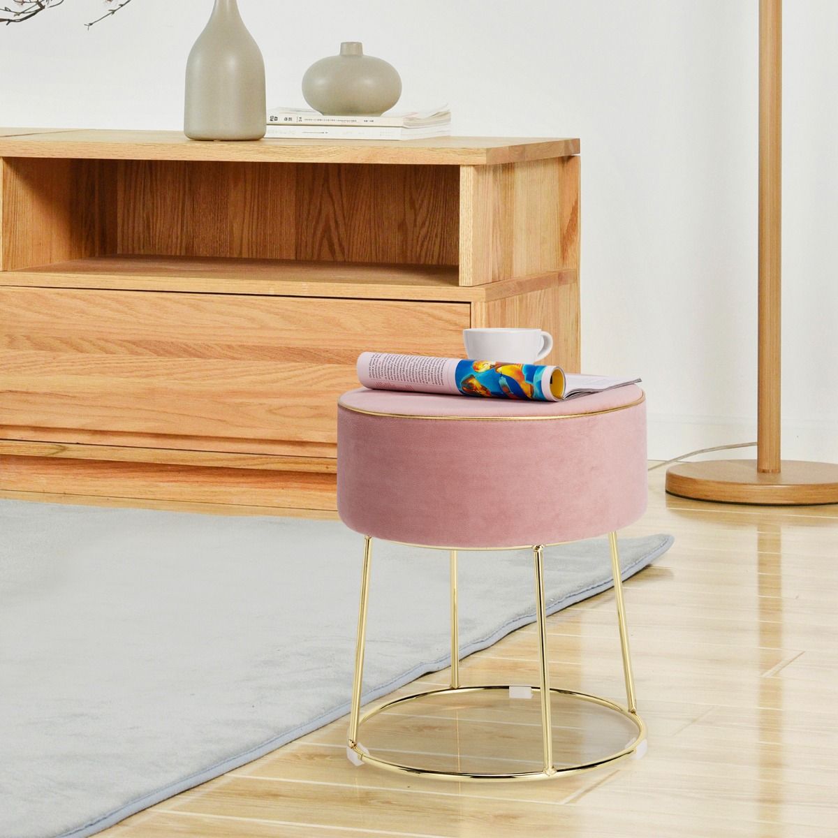 Coast – Runder Samt-Hocker mit Metallbeinen – Gepolsterter Make-up-Hocker – Belastbar bis 150 kg – 34 x 34 x 41 cm – Rosa
