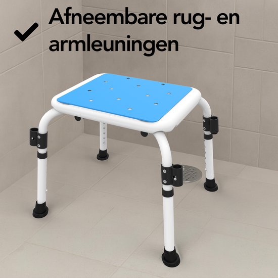 Brixy Duschstuhl mit abnehmbarer Rückenlehne und Armlehne - Anti-Rutsch - Höhenverstellbar - Max. 150 kg - Duschhocker - Badestuhl