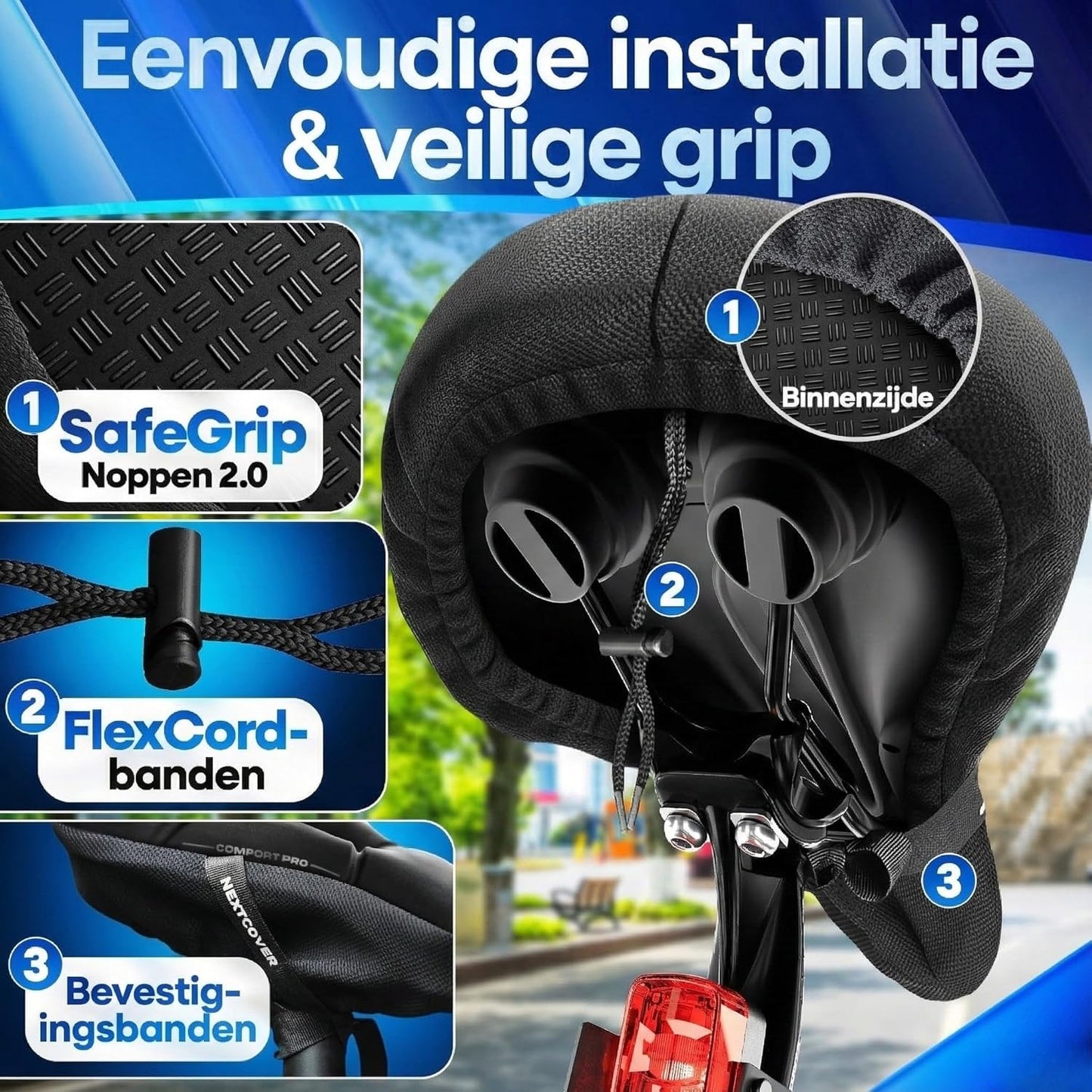 Nextcover Fahrradsattelbezug mit Memory Foam 4.0 und ergonomischem Gelkissen – universeller, bequemer Sattelbezug für Damen- und Herren-Trekkingräder
