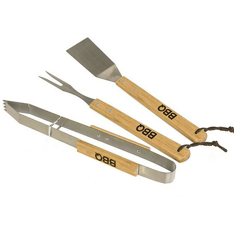 BBQ/Grillwerkzeug-Set 3-teilig mit Holzgriffen - Zange - Gabel - Spatel