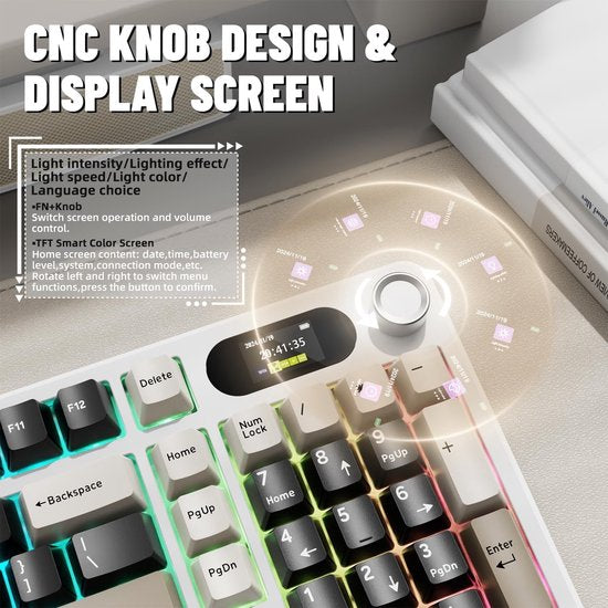 ATTACK SHARK X98 – Kabellose mechanische Gaming-Tastatur – TFT-Display – Multifunktions-Drehregler – PBT-Tastenkappen – Tri-Mode (kabelgebunden/2,4 GHz/Bluetooth) – Gasket-Mod – 98 Tasten – Cheese White