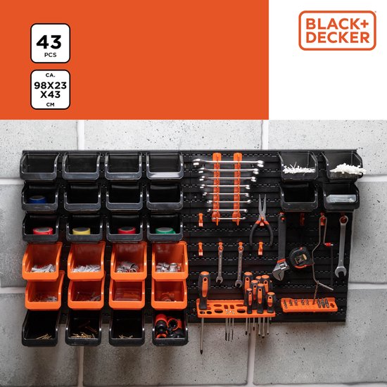 BLACK+DECKER Werkzeugtafel mit Aufbewahrungsfächern und Aufhängern – 98 x 23 x 43 cm – 43 Teile – Werkzeugwand