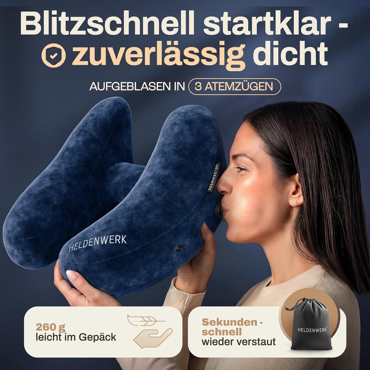 Heldenwerk Premium Air Aufblasbares Nackenkissen – Dunkelblau – Inklusive Kapuze und Ohrstöpseln