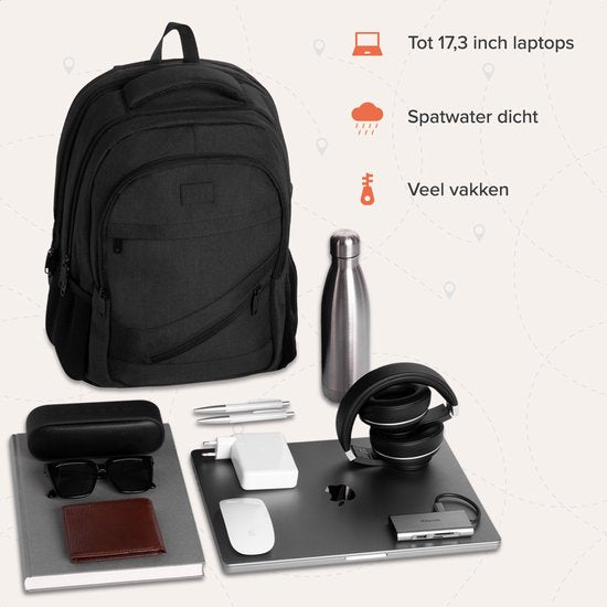 TRVLMORE Rucksack mit Lifetime - Rucksack mit 17 Zoll Laptopfach - Schultasche - Spritzwassergeschützt - Männer und Frauen - Jungen und Mädchen - 36L - Schwarz