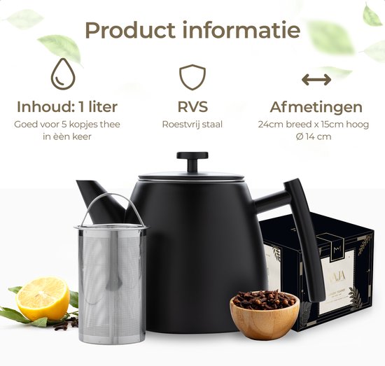 Vaja® Juliette Teekanne mit Filter - Teekanne - Doppelwandig - 1 Liter - Edelstahl Schwarz