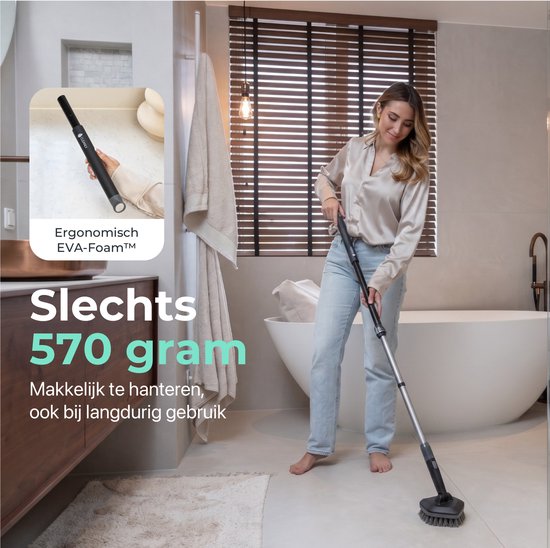 CLEANLY Schrubber mit Stiel 3-in-1-Set – Putzbürste – Scheuerbürste – Schrubber mit Stiel – Schrubbbürste – Rollwagen – Verstellbar 118–150 cm – Schwarz, Grau