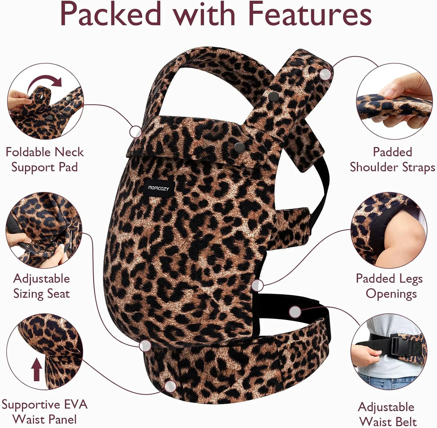 Momcozy Leopard Babytrage – 3-in-1 – Ergonomisch – 3–20 kg – 100 % Baumwolle – Verstellbar – Waschbar