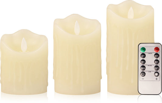 FUEGOBIRD Wiederaufladbares LED-Kerzen-Set 3-teilig - 7,5x10cm / 7,5x12,5cm / 7,5x15cm - Tränen Elfenbein - Realistische bewegliche Flamme - Inklusive Fernbedienung & USB-Ladekabel - Dimmbar & Timer-Funktion - 2025 New Style