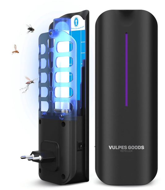 Vulpes Goods® Repellent Mückenlampe 9x9x25cm - Grau - UV-LED Fliegenlampe mit Klebestreifen - Geräuschlos, geruchlos & giftfrei - Inklusive 10 nachfüllbaren Klebeblättern - Für den Innenbereich