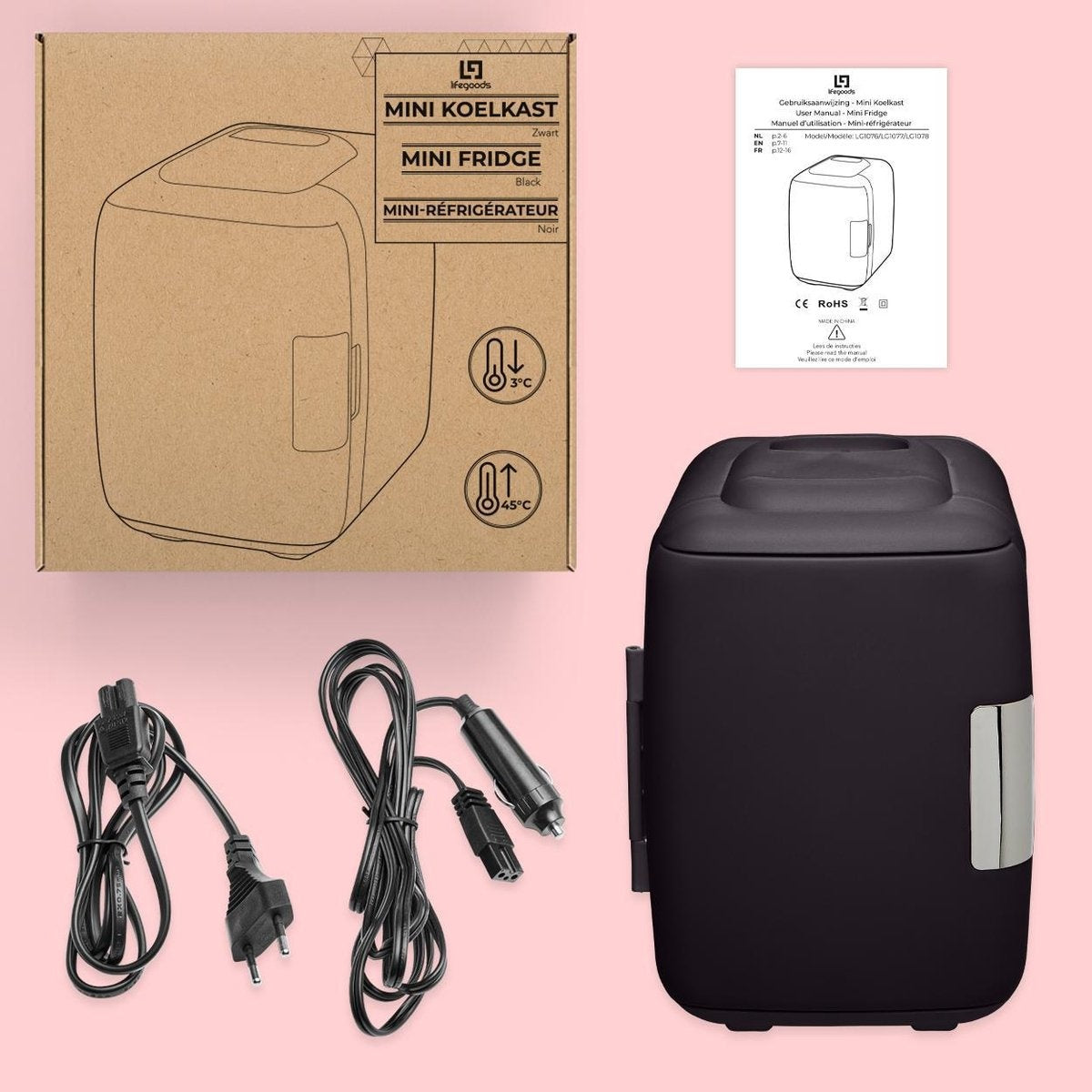 LifeGoods - Mini-Kühlschrank - 4 Liter - 100/240V / 12V - Auto-Stecker - Schwarz