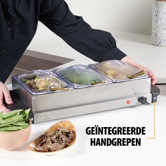 Tristar BP-6283 – Buffetwärmer 200 W – Chafing Dish – 3 x 1,4 Liter – inkl. Deckel – Edelstahl