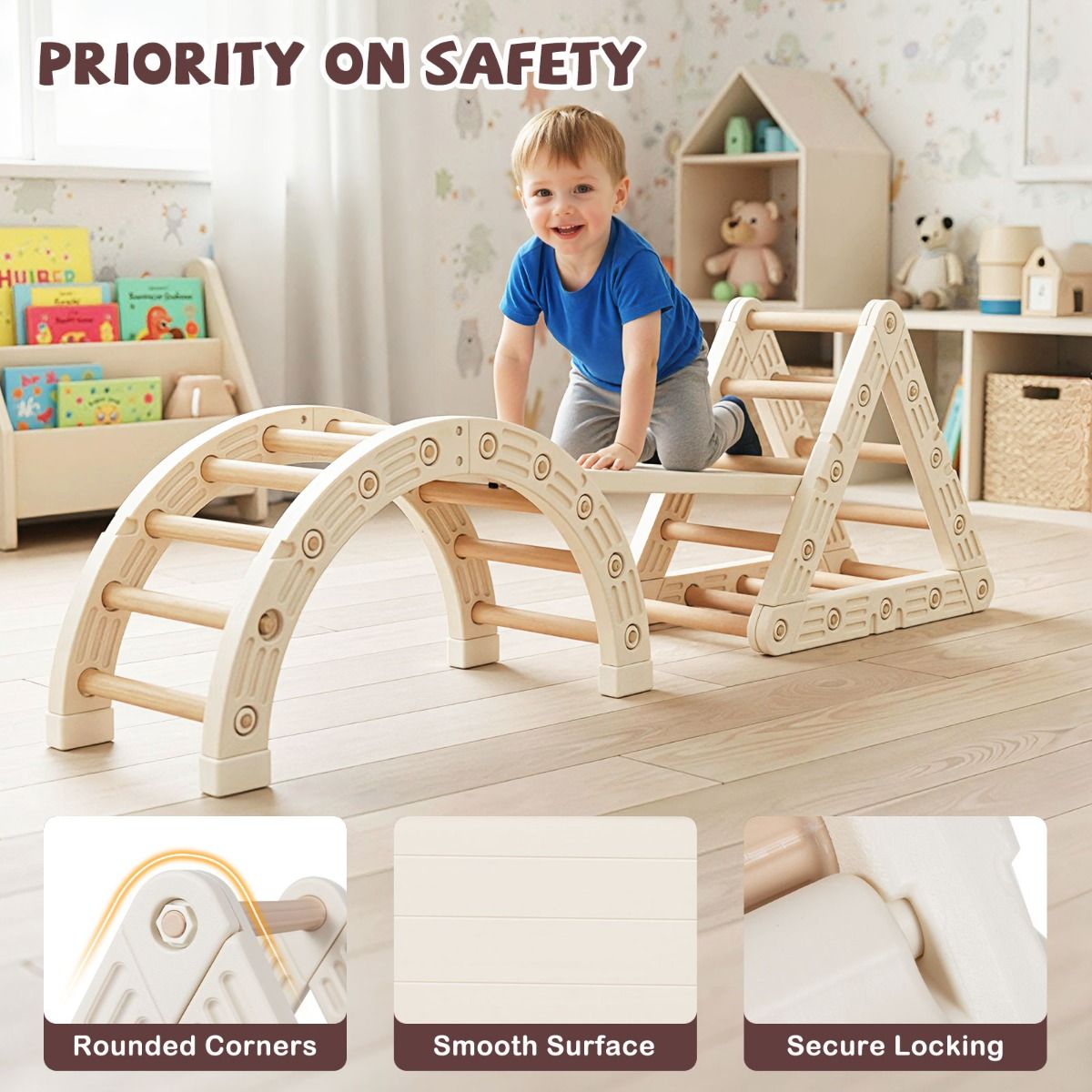 Coast Montessori Klettergerüst für Kinder – 5-in-1-Klettergerüst aus Holz mit Bogen und doppelseitiger Leiter – beige und kaffeefarben