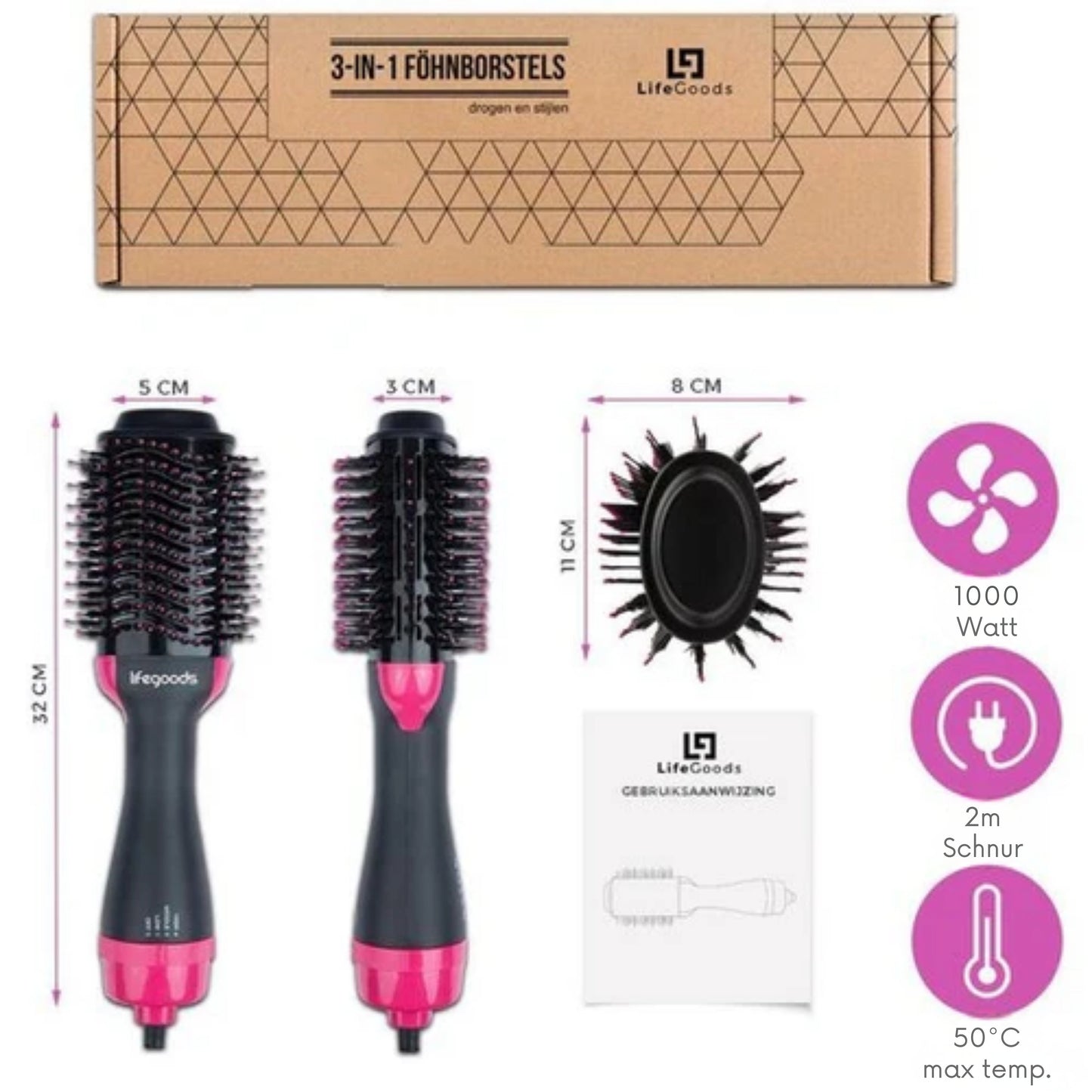 Auronic 3-in-1 Haartrocknerbürste - Rund - Lang/Kurz/Style/Locken - Schwarz/Pink