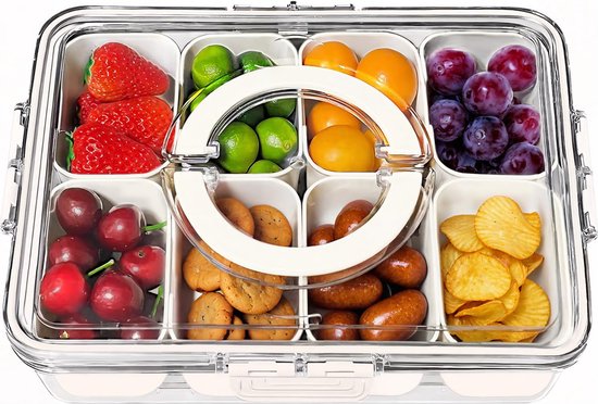 Posity Snack Box - Snack Box mit Fächern - Mit Deckel und Griff - 8 Fächer - Unterwegs - Aufbewahrungsbox - Kunststoff - Weiß