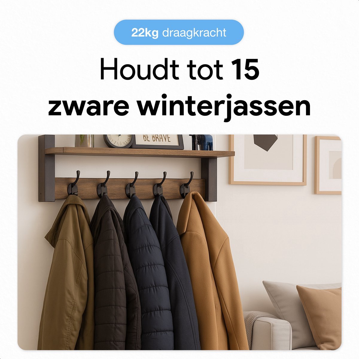 Luft Wandgarderobe mit Regal 73,5 cm - 10 Haken - Industrieller schwarzer Stahl & Holz - Wandgarderobe für Flur, Schlafzimmer oder Korridor