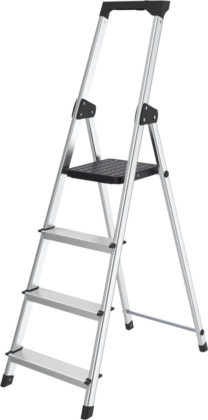 BRASQ Haushalts-Stufenleiter 4 Stufen Silber - klappbare Aluminium-Küchen-Stufenleiter für den privaten und professionellen Einsatz - Leiter - Rutschfest