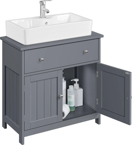 Yaheetech Unterschrank mit Schublade und zwei Fächern - Ausgestattet mit Siphonausschnitt und wasserabweisender Beschichtung und Metallbeschlägen - Für Badezimmer im Landhausstil - Dunkelgraues Mdf und Metall - 60 x 30 x 60 cm