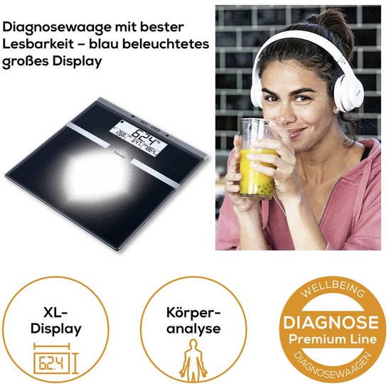 Beurer BG 21 Personenwaage – Körperanalyse – BMI/BMR/AMR - Bis zu 180 kg - 30 x 31,5 cm - 10 Benutzer - Beleuchtetes großes 2-zeiliges LCD-Display - Inkl. Batterien - 5 Jahre Garantie