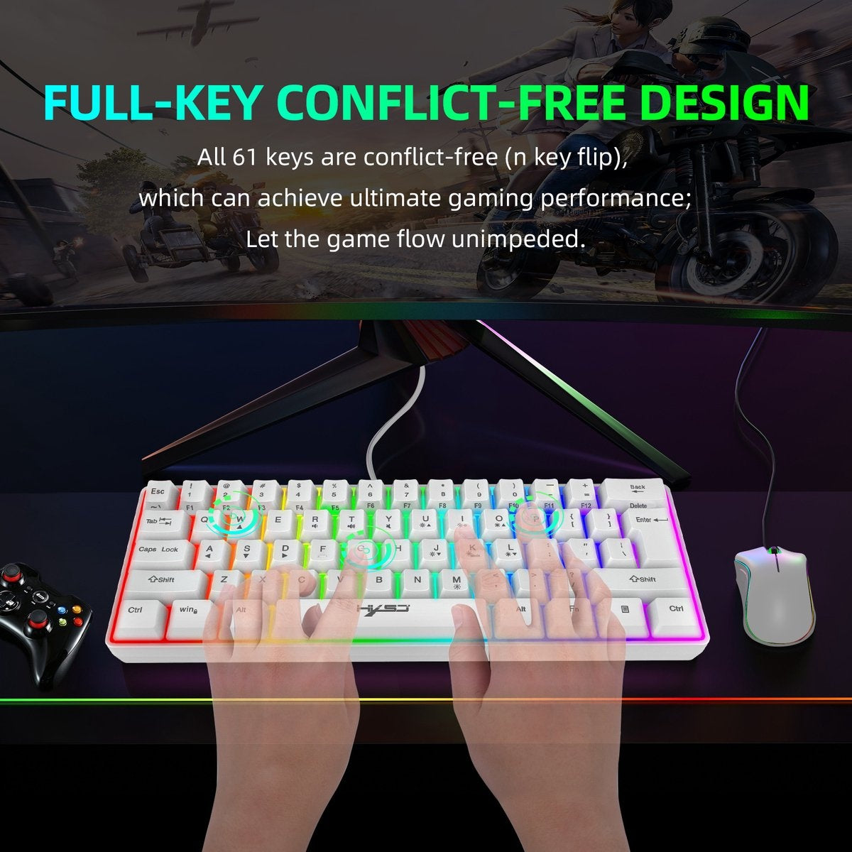 HXSJ Gaming Tastatur - V700 RGB - Membran kabelgebunden - 61 Tasten - TKL - Qwerty - Weiß